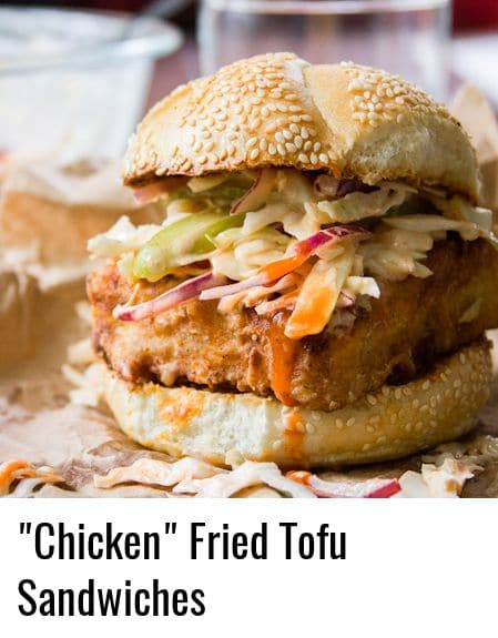 Close Up of a Chicken Fried Tofu Sandwich Topped with Slaw