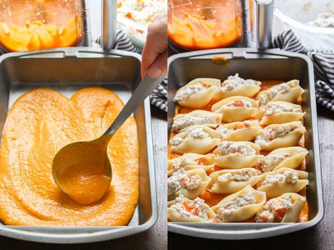 Collage Showing Steps for Assembling Vegan Butternut Squash Stuffed Shells: Ladle Sauce into Baking Pan, then Stuff Shells and Place them into the Baking Pan