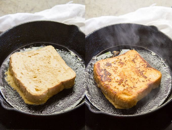 Collage Showing Two Stages of Cooking Savory Vegan French Toast