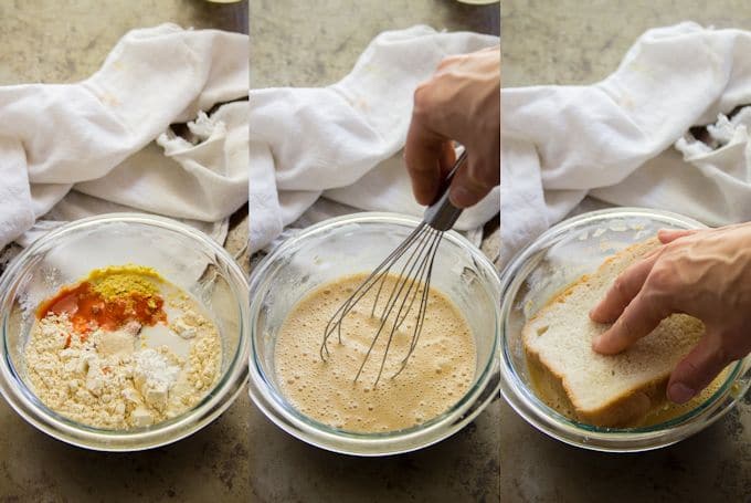 Collage Showing Steps for Making Savory Vegan French Toast: Add Batter Ingredients to a Bowl, Whisk Together, and Dip Bread Slices