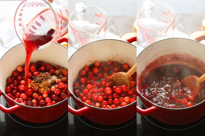 Collage Showing Steps for Making Spiced Wine Cranberry Sauce: Place Ingredients Into a Pot, Bring to a Boil, and Simmer