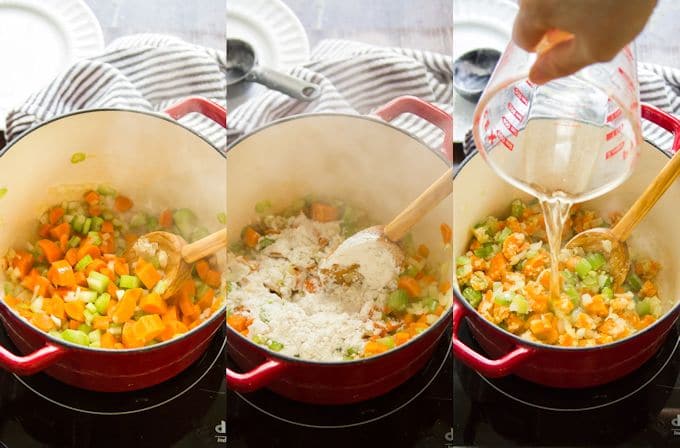 Collage Showing Steps 1-3 for Making Vegan Cream of Chicken Soup: Sauté Vegetables, Add Garlic & Flour, then Add Wine
