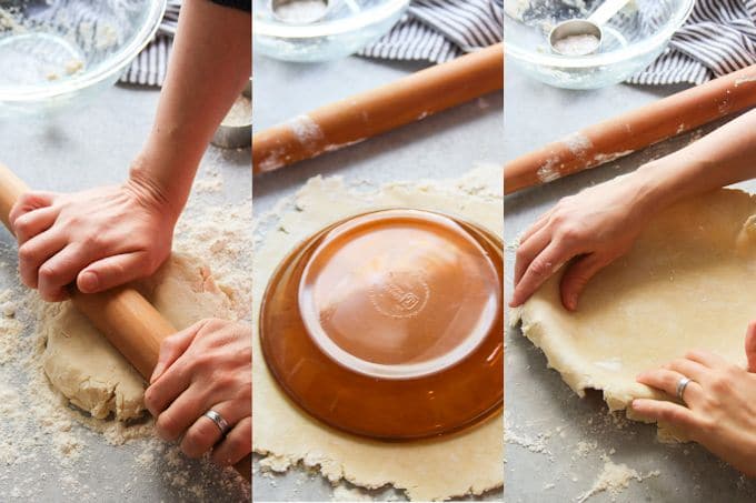 Collage Showing Steps for Forming Vegan Pie Crust: Roll Dough, Measure Dough, and Cut Dough to Fit Pie Plate