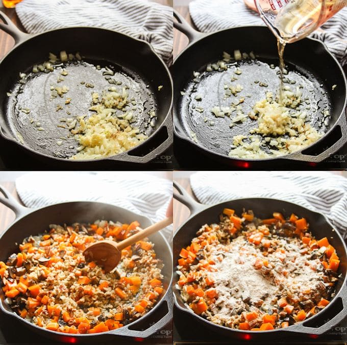 Collage Showing Steps for Making Vegan Vegetable Wellington Filling: Sauté Onions and Garlic, Add Whiskey, Add Rice, Pecans, Mushrooms and Butternut Squash, and Stir in Flour
