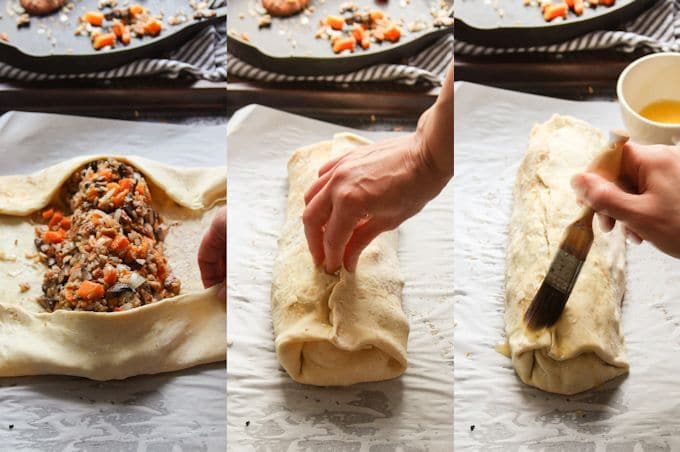 Collage Showing Steps for Assembling Vegan Vegetable Wellington: Spoon Filling Onto Puff Pastry, Fold Edges and Brush with Vegan Butter