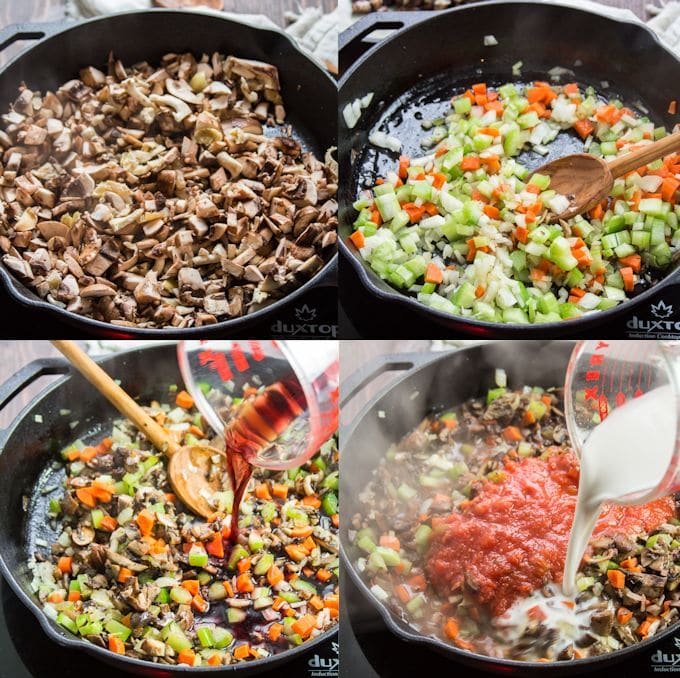 Collage Showing Steps for Making Pasta with Mushroom Bolognese: Sauté Mushrooms, Sauté Celery, Carrots and Onions, Add Wine, and Add Tomatoes, Spices and Non-Dairy Milk