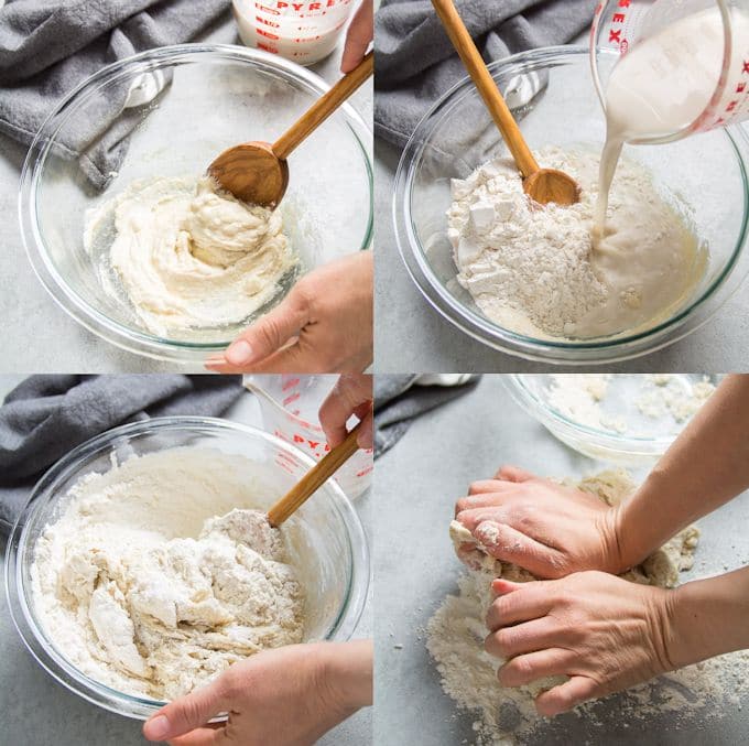 Collage Showing Steps for Making Vegan Cinnamon Roll Dough: Mix Butter and Sugar, Add Dry Ingredients, Milk and Yeast, Stir to Form a Dough, and Knead the Dough
