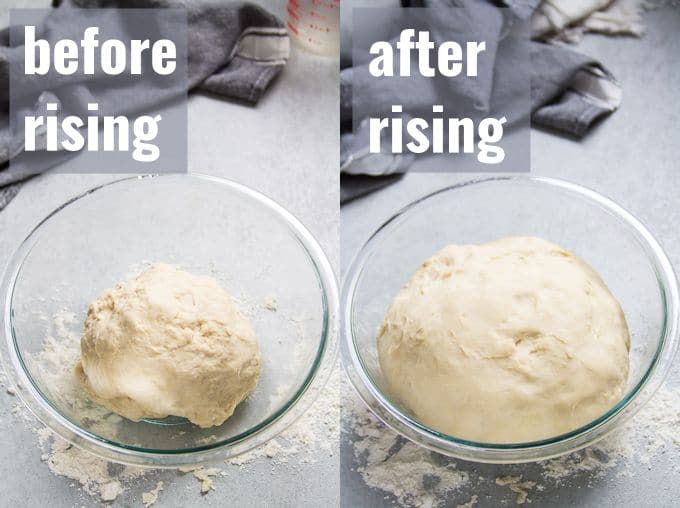 Collage Showing Vegan Cinnamon Roll Dough Before and After Rising