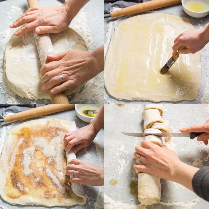 Collage Showing Steps for Shaping Vegan Cinnamon Rolls: Roll Dough Flat, Brush Dough with Vegan Butter, Sprinkle with Cinnamon Sugar and Roll Dough Up, and Slice Dough