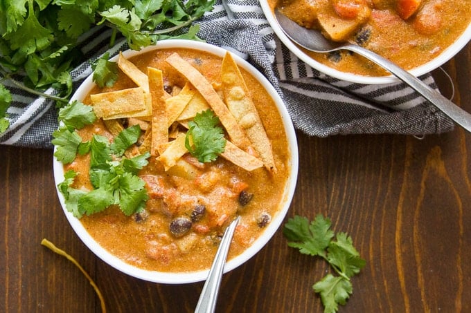 Two Bowls of Vegan Enchilada Soup Topped with Tortilla Strips and Cilantro