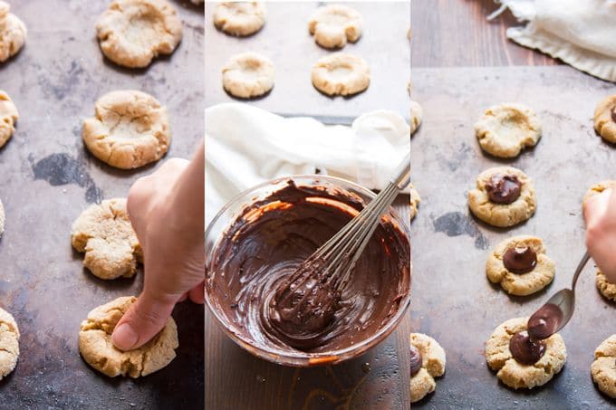 Collage Showing Steps for Finishing Vegan Peanut Butter Blossoms: Press Thumb Into Each Cookie, Mix Chocolate Ganache, and Spoon Ganache into Indentation