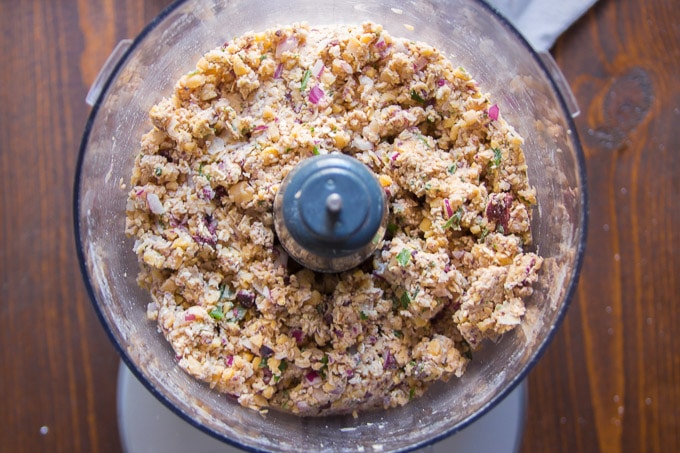 Food Processor Containing Blended Ingredients for Making Greek Chickpea Burgers