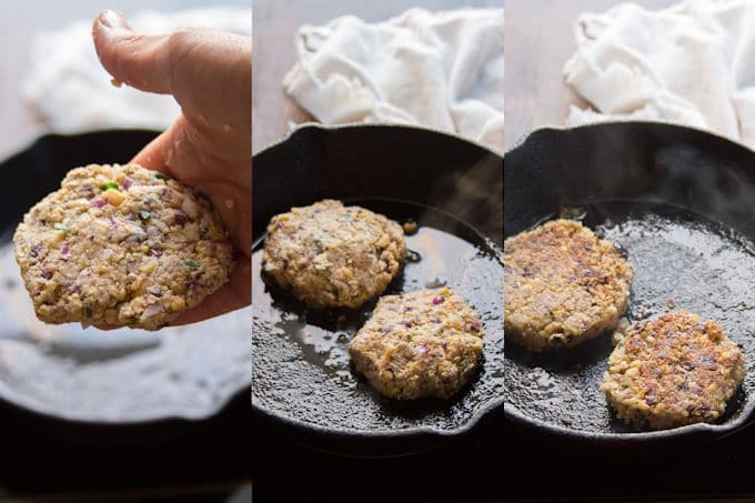Collage Showing Steps for Making Greek Chickpea Burgers: Shape Patties and Cook On Each Side in Olive Oil