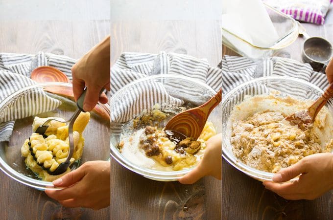 Collage Showing Steps 1-3 for Making Vegan Banana Bread: Mash Bananas, Stir in Wet Ingredients, and Stir In Dry Ingredients