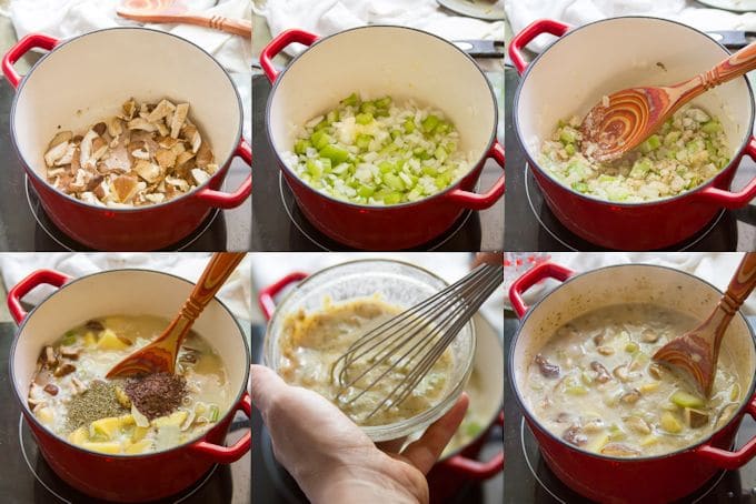 Collage Showing Steps for Making Vegan Clam Chowder: Sauté Mushrooms, Sauté Celery and Onions, Add Garlic and Flour, Simmer with Broth, Seasonings and Coconut Milk, Whisk Miso Paste with Broth, and Add Miso Mixture to Soup