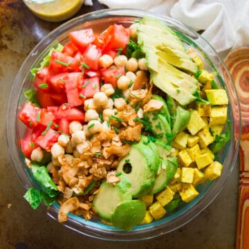 Vegan Cobb Salad with Jar of Dressing on the Side.