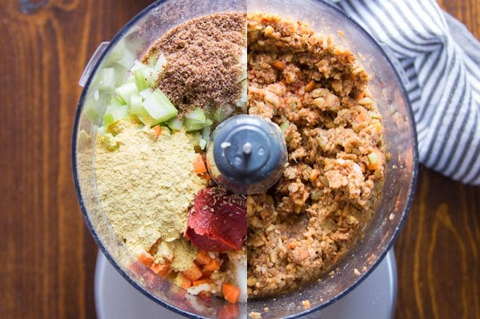 Collage Showing Ingredients for Italian-Style Vegan Meatloaf Muffins in a Food Processor Before and After Blending