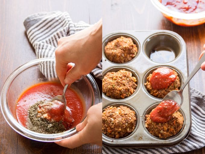 Collage Showing Two Steps in Preparing Vegan Meatloaf Muffins: Stir Sauce Ingredients Together, and Spoon Sauce over Muffins