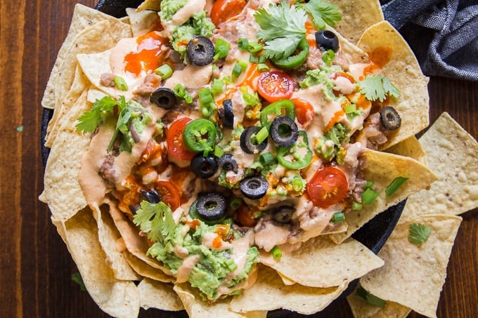 Overhead View of a Plate of Vegan Nachos