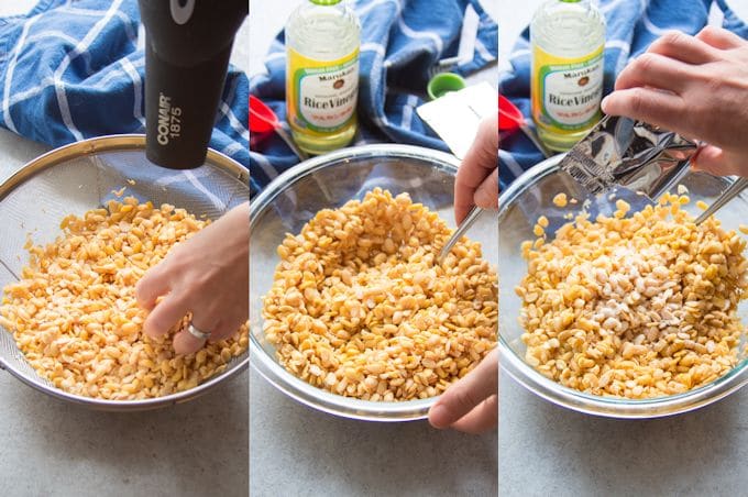 Collage Showing Several Steps in Tempeh Making: Dry Soybeans, Stir in Vinegar, and Stir in Starter
