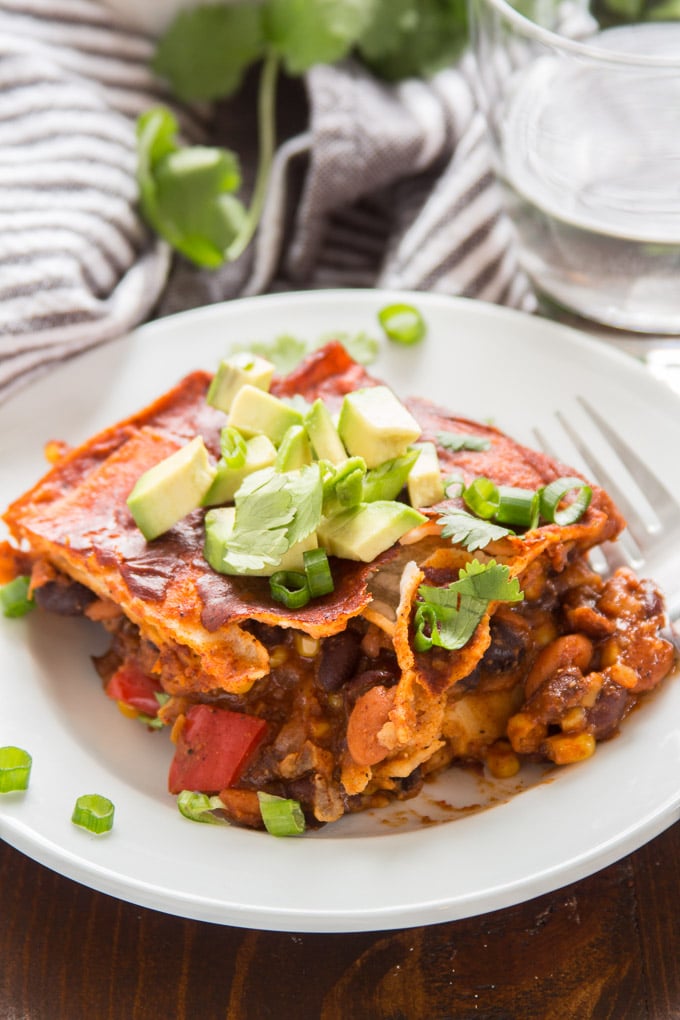 Loaded Enchilada Casserole on a Plate with Fork