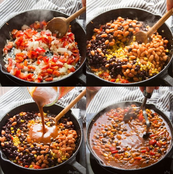 Collage Showing Steps for Making Enchilada Casserole: Cook Peppers, Onions and Spices, Add Beans and Corn, Add Sauce, and Mash Beans