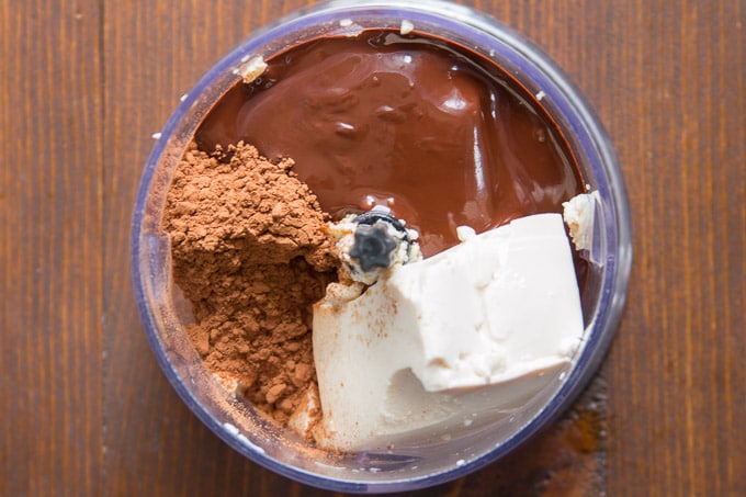 Ingredients for Making Vegan Chocolate Pudding in a Food Processor Bowl