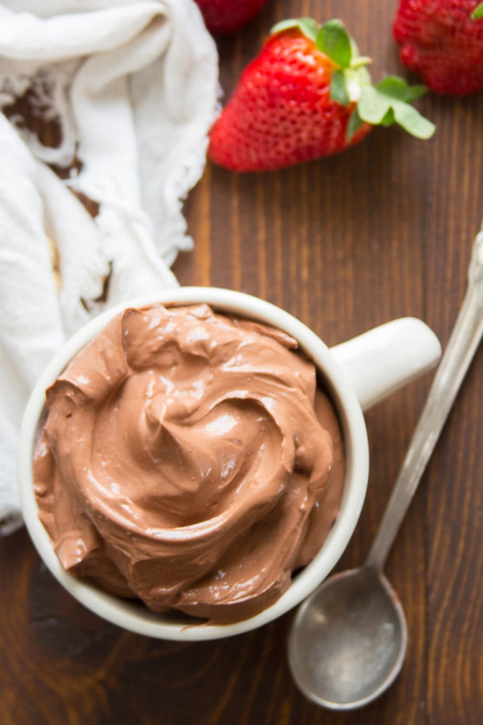 Vegan Chocolate Pudding with Spoon, Napkin and Strawberries