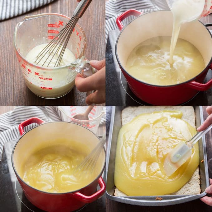 Collage Showing Steps for Making Vegan Lemon Bars: Whisk Lemon Juice and Cornstarch Together, Heat Up Coconut Cream and Sugar, Add Cornstarch Mixture, and Spread the Mixture Over Crust