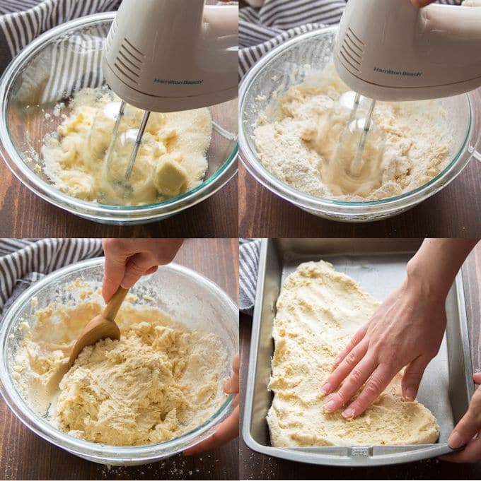 Collage Showing Steps for Assembling Crust for Vegan Lemon Bars: Beat Vegan Butter and Sugar Together, Add Flour, Stir Together, and Spread the Mixture in Pan