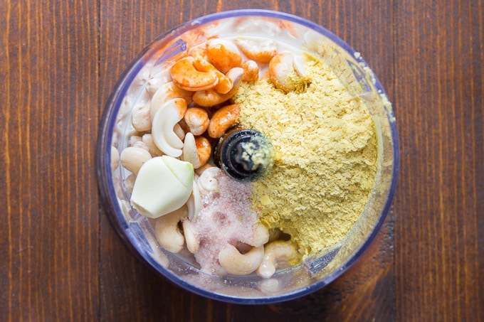 Ingredients for Making Cashew Queso in a Food Processor Bowl