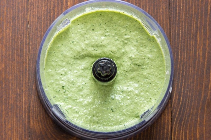 Basil Aioli in a Food Processor Bowl Just After Blending