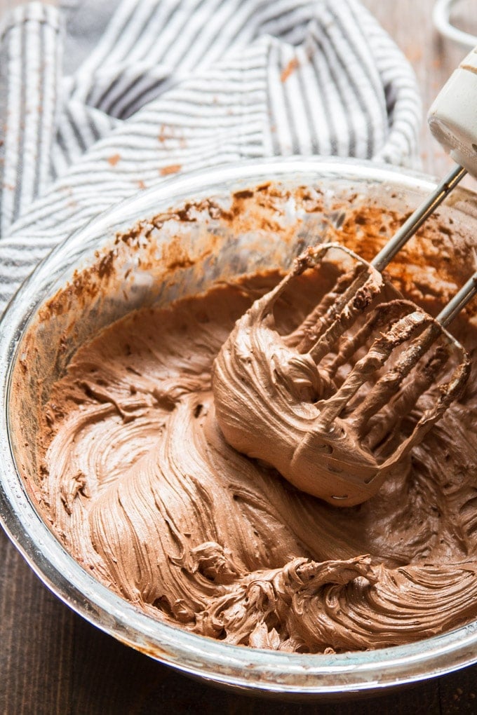 Electric Mixer Beaters in a Bowl of Vegan Chocolate Buttercream Frosting