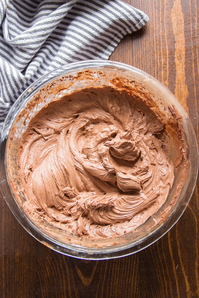 Bowl of Vegan Chocolate Buttercream Frosting on Wooden Surface