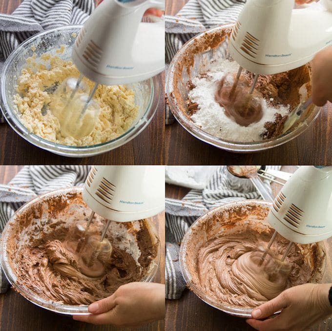 Collage Showing Steps for Making Vegan Chocolate Buttercream Frosting: Beat Vegan Butter, Milk and Vanilla, Add Cocoa, and Beat in Powdered Sugar in Increments