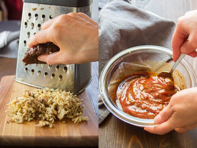 Collage Showing Steps for Preparing Vegan Barbecue Beef: Shred Seitan and Mix Barbecue Sauce