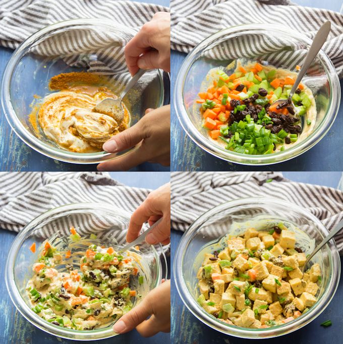Collage Showing Steps for Making Curried Tofu Salad Wraps: Mix Dressing, Add Veggies, Stir, and Add Tofu