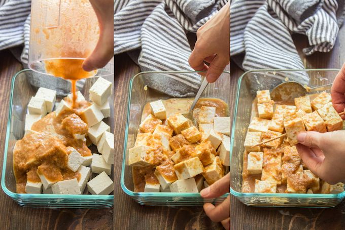 Collage Showing Steps for Making Tofu Satay: Pour Marinade Over Tofu, Stir, and Skewer Tofu
