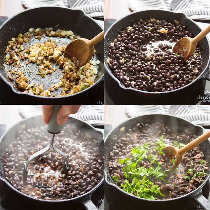 Collage Showing How to Cook Black Bean Burrito Filling: Sauté Onions and Spices, Add Beans and Water, Mash, and Add Cilantro