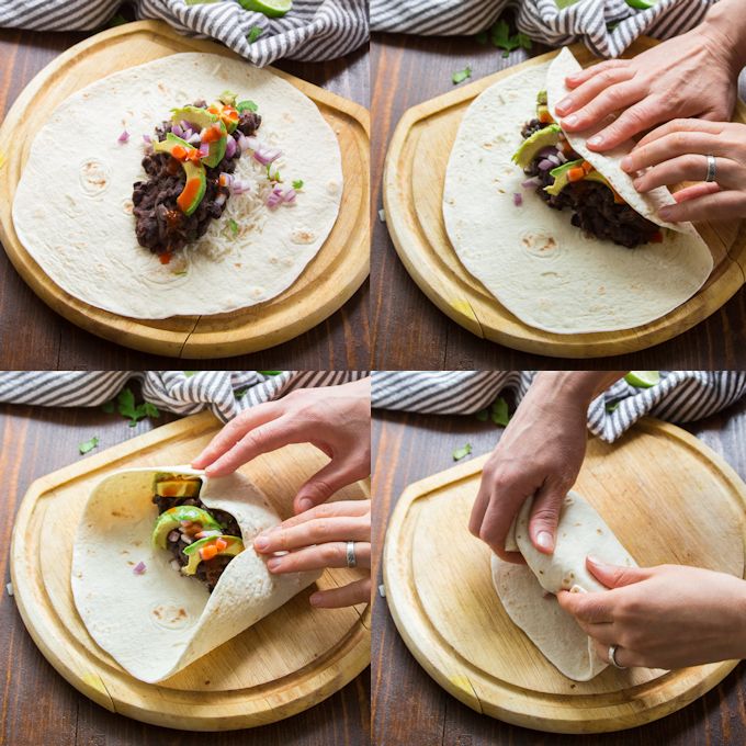 Collage Showing How to Wrap a Burrito: Arrange Fillings in Center, Fold Side of Tortilla Over Fillings, Fold Sides in, and Roll Burrito Away From You