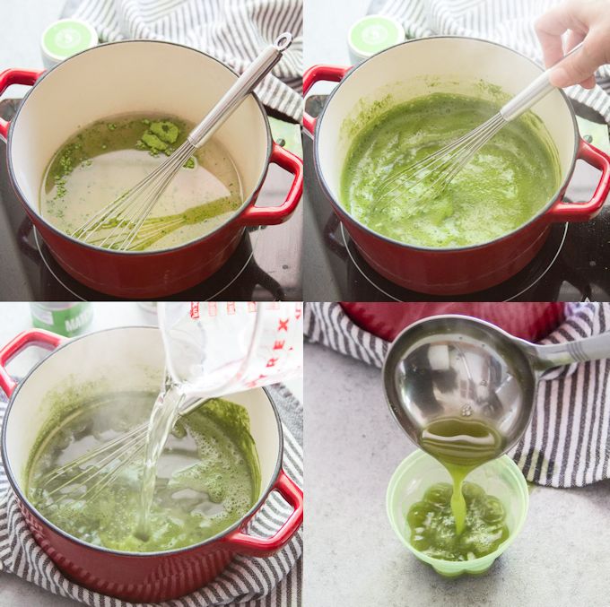 Collage Showing Steps to Make Vegan Jello: Add Liquid and Agar to a Pot, Boil, Add Cold Water, and Transfer to Molds