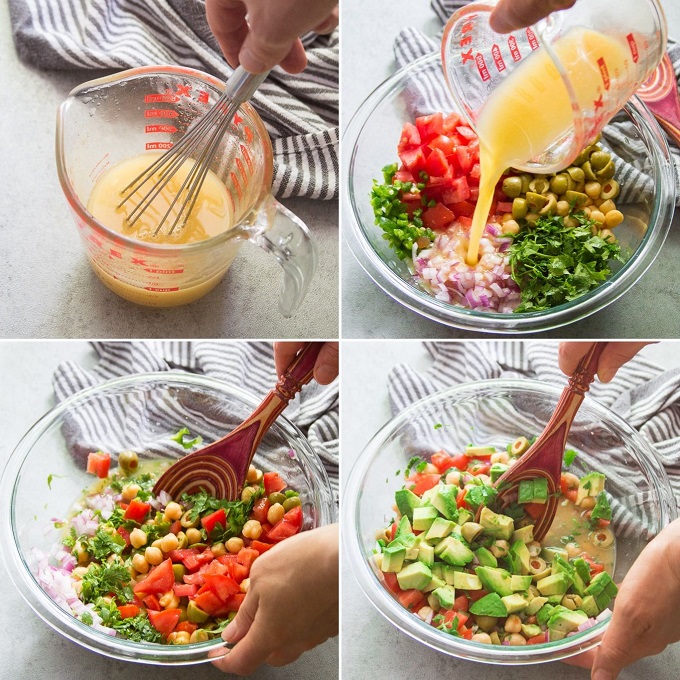 Collage Showing 4 Steps for Making Vegan Ceviche: Mix Dressing, Add Dressing to Salad, Stir, and Add Avocado