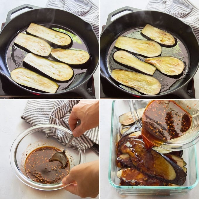 Collage Showing Steps for Making Eggplant For a Vegan Muffaletta: Pan-Fry Eggplant Slabs, Mix Marinade, and Pour Marinade Over Cooked Eggplant
