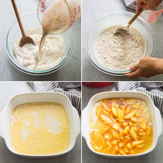 Collage Showing Steps for Assembling Vegan Peach Cobbler: Combine Liquid and Dry Ingredients, Stir To Make a Batter, Place Batter in Baking Dish, and Top with Peach Filling