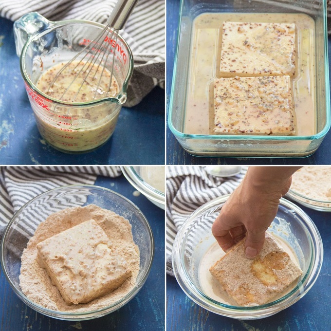 Collage Showing Steps for Preparing a Vegan Tofu "Fish" Fillet: Mix Marinade, Marinate Tofu, Dip Tofu in Breading and Batter