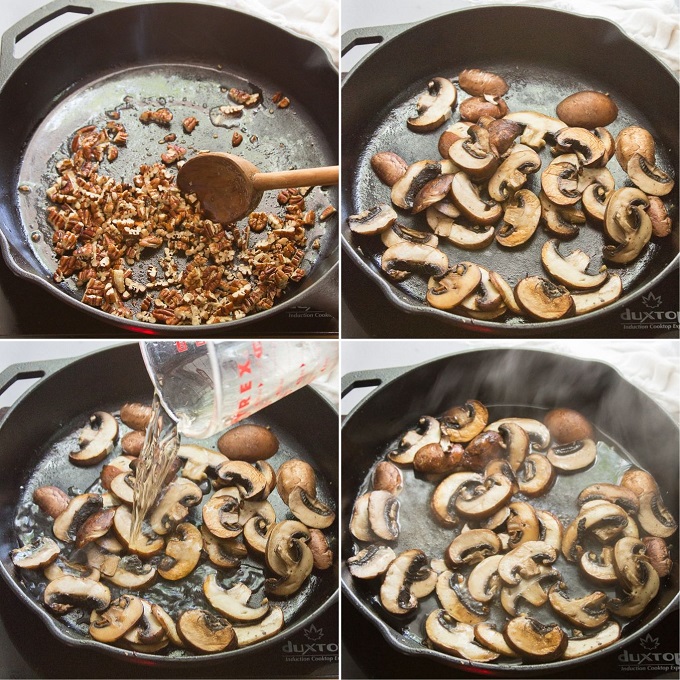 Collage Showing Steps 5-8 For Making Wild Rice Pilaf: Toast Pecans, Sauteé Mushrooms, Add Wine to Mushrooms, and Cook To Reduce the Wine