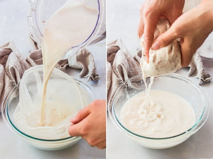 Collage Showing Two Stages of Straining Almond Pulp for Making Homemade Almond Milk