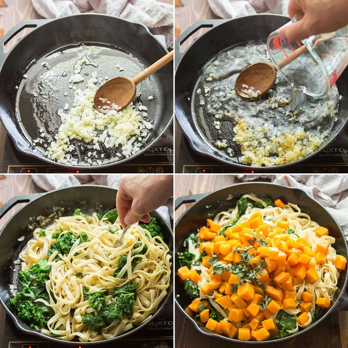 Collage Showing Steps for Making Butternut Squash Pasta: Cook Onions and Garlic, Add Wine, Sauté Pasta and Kale, and Add Roasted Butternut Squash