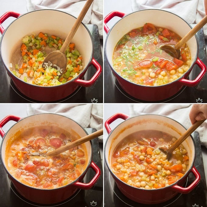 Collage Showing Steps for Making Pasta e Ceci: Cook Onions, Celery and Carrots, Add Broth, Tomatoes and Chickpeas, Simmer, and Add Pasta