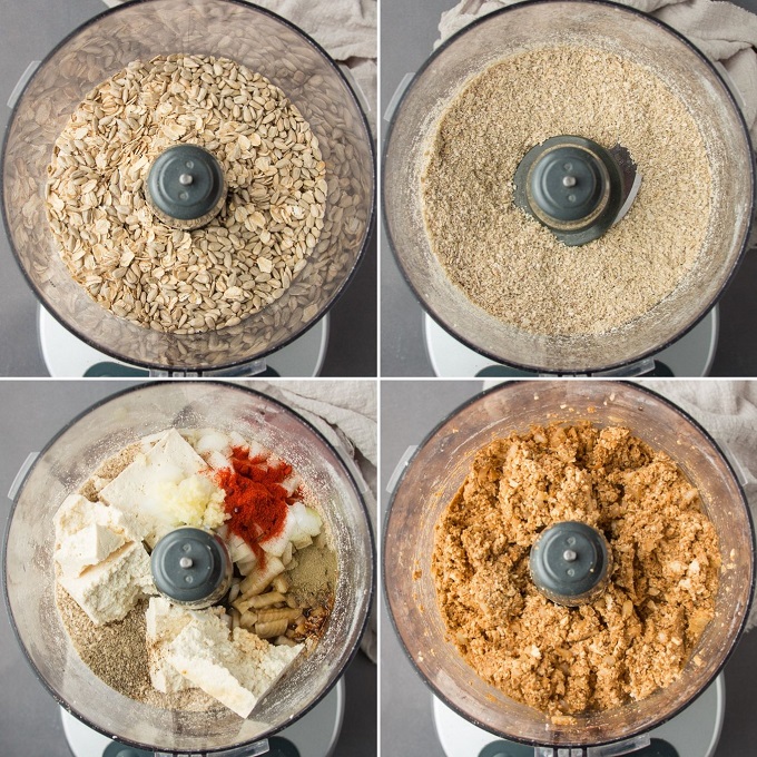 Collage Showing Steps for Mixing Ingredients for Vegan German Meatballs: Place Oats and Sunflower Seeds into Food Processor, Blend to a Powder, Add Tofu and Seasonings, and Pulse to Blend